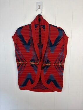 Chaps Denim Womens Red Blue Southwestern Aztec Toggle Button Sweater Vest Medium